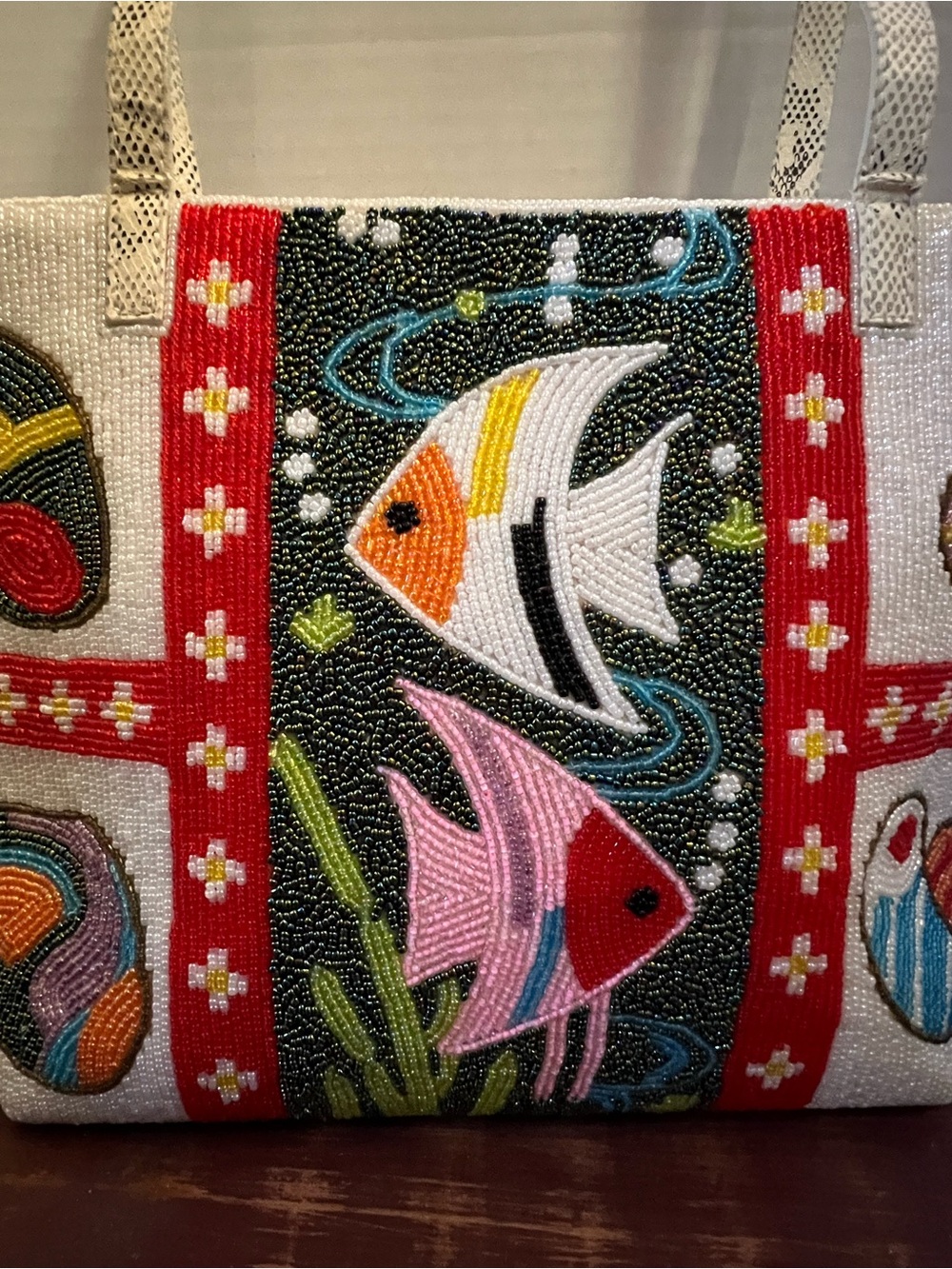 Vintage Beaded Fish Motif Tote Bag - Multicolor